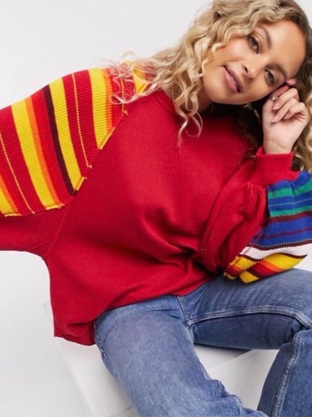 NWT Free People Rainbow Dreams oversized sleeve top in red  Size M - Picture 2 of 7